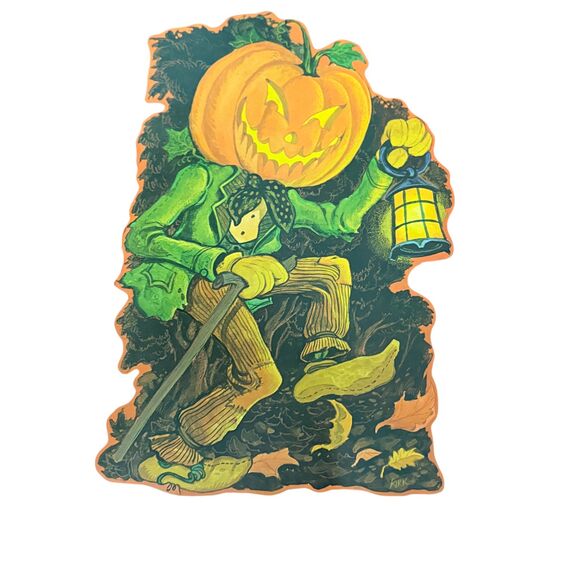Vintage KRK Halloween Pumpkin Head Lantern Man Die Cut 17" Decoration MCM - Picture 3 of 4